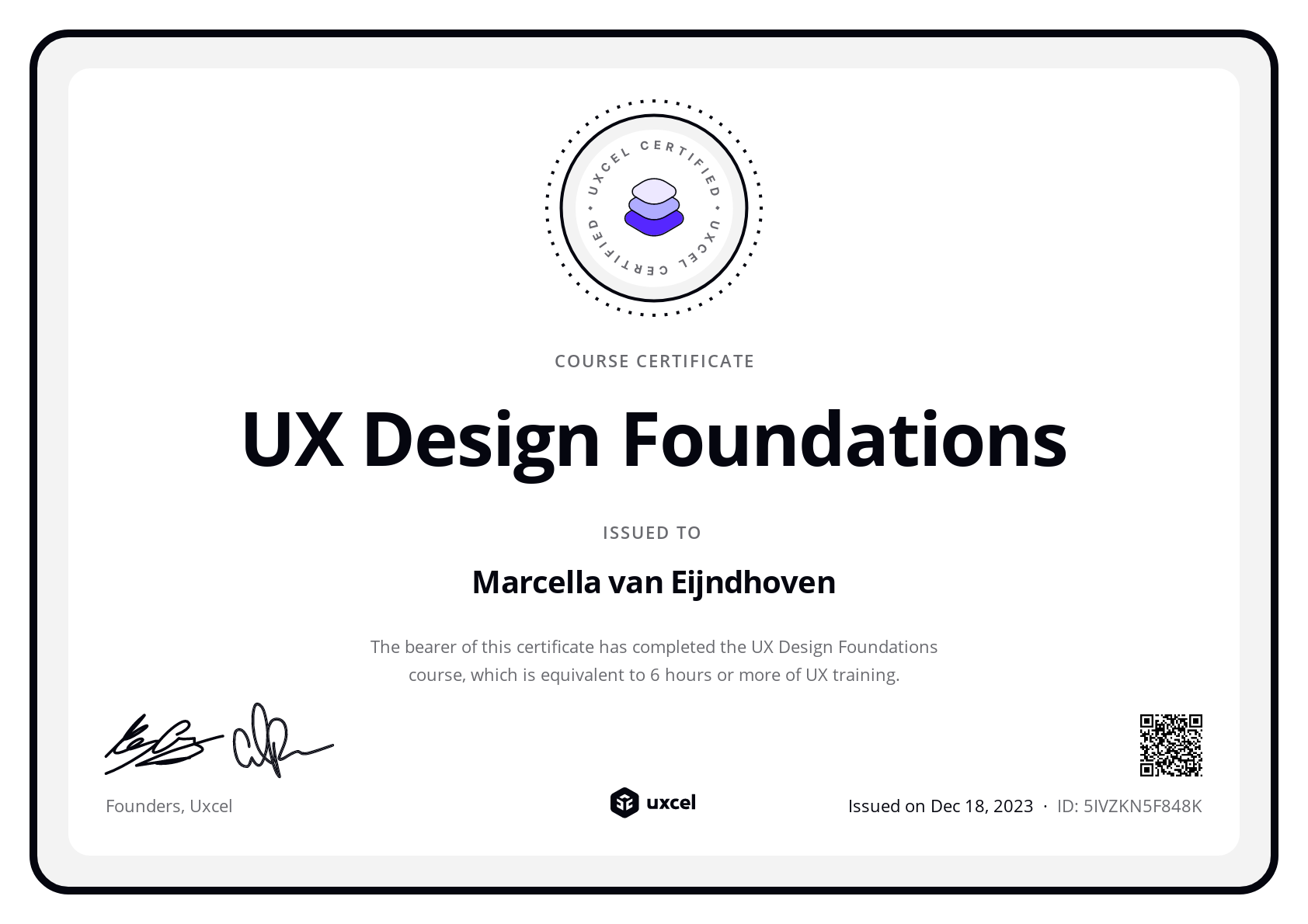 Marcella van Eijndhoven's certificate